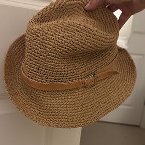 Woven Straw Fedora Hat with Faux Leather Band - Tan